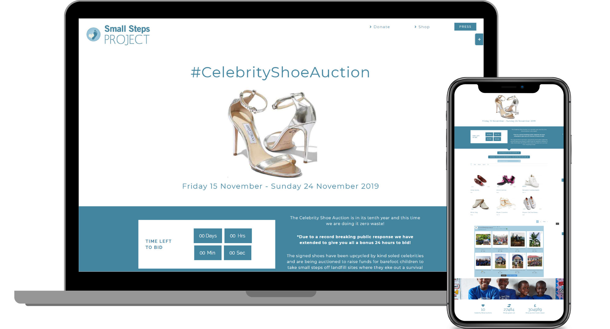 Graphic mock up of a desktop screen and a mobile phone showing the website designed by neighbourhood-online for Small Steps Project
