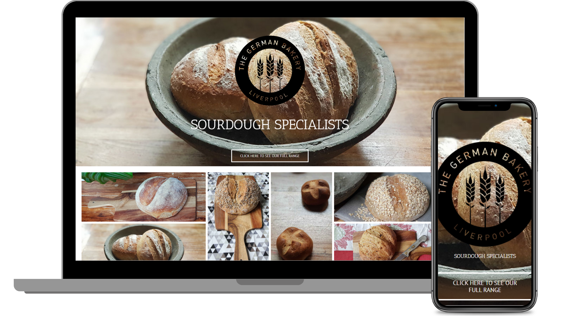 Graphic mock up of a desktop screen and a mobile phone showing the German Bakery website by neighbourhood-online