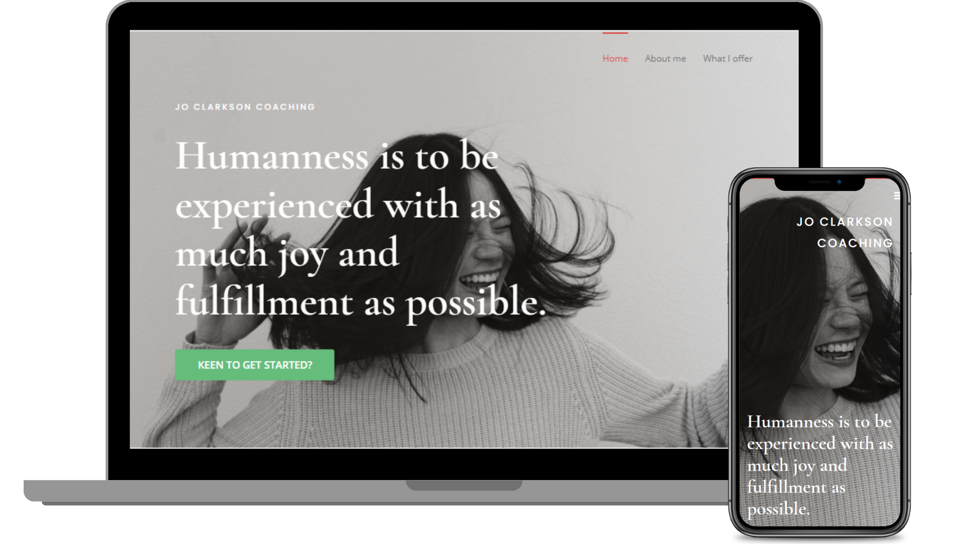 Graphic mock up of a desktop screen and mobile phone showing our website design for Jo Clarkson Coaching