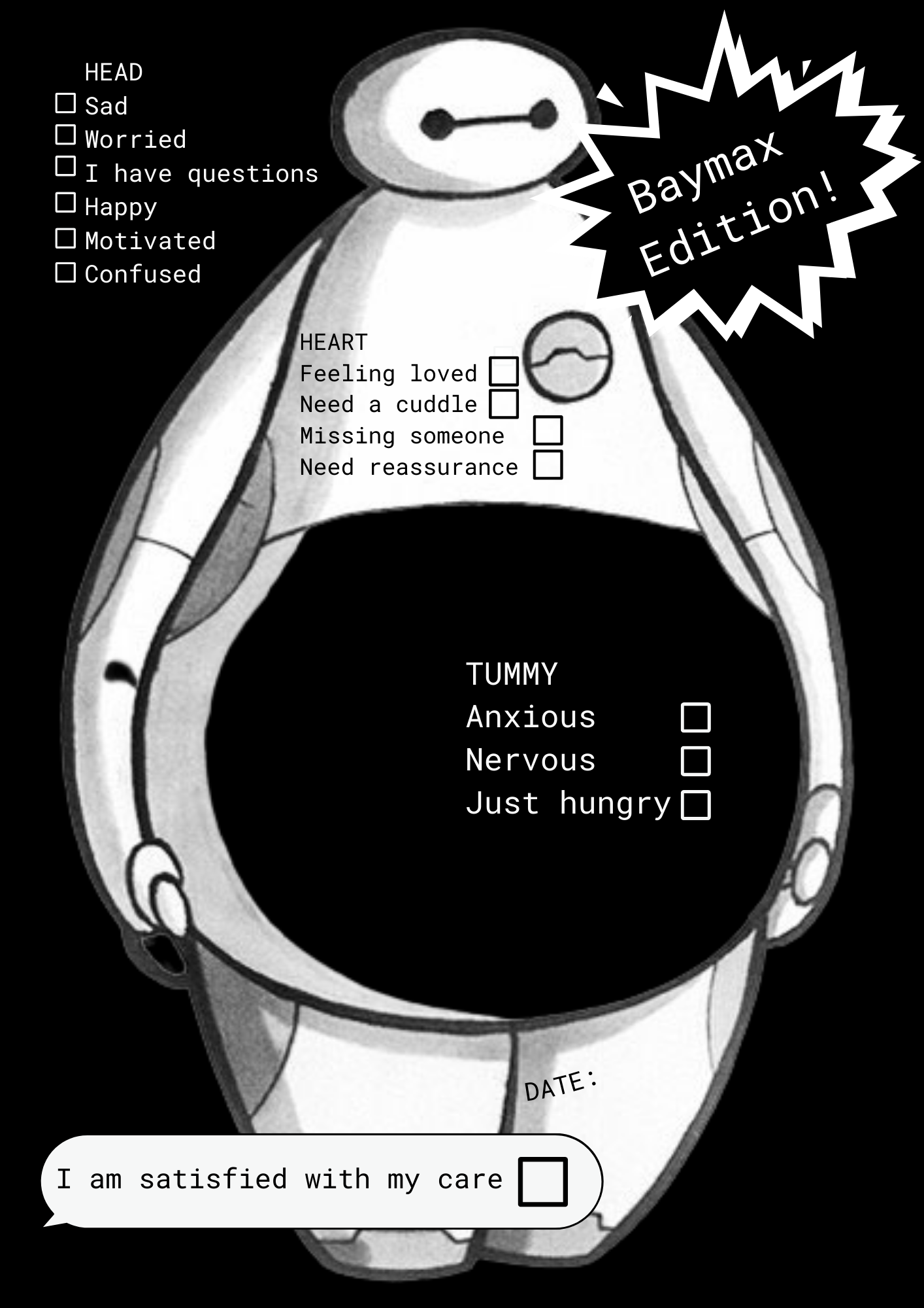 Wellbeing questionnaire for kids featuring a black and white picture of Baymax with some text written across his body in various places.
